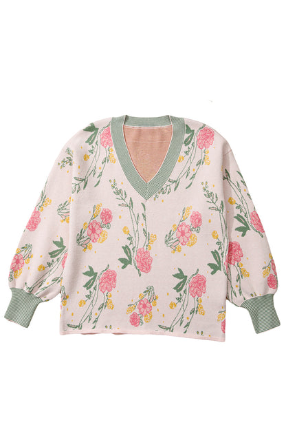 Pink Floral Colorblock V Neck Loose Sweater