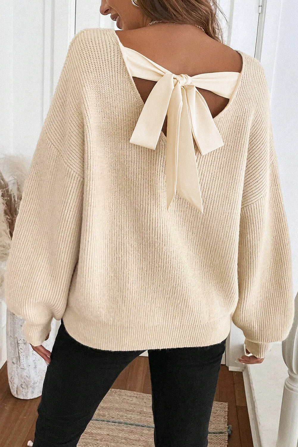 Ribbed Knit Ribbon Knot Backless Drop Shoulder Sweater