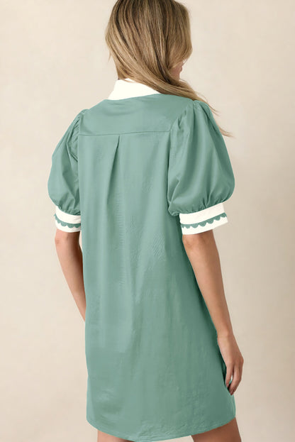Scallop Color Block Trim Puff Sleeve Mini Dress