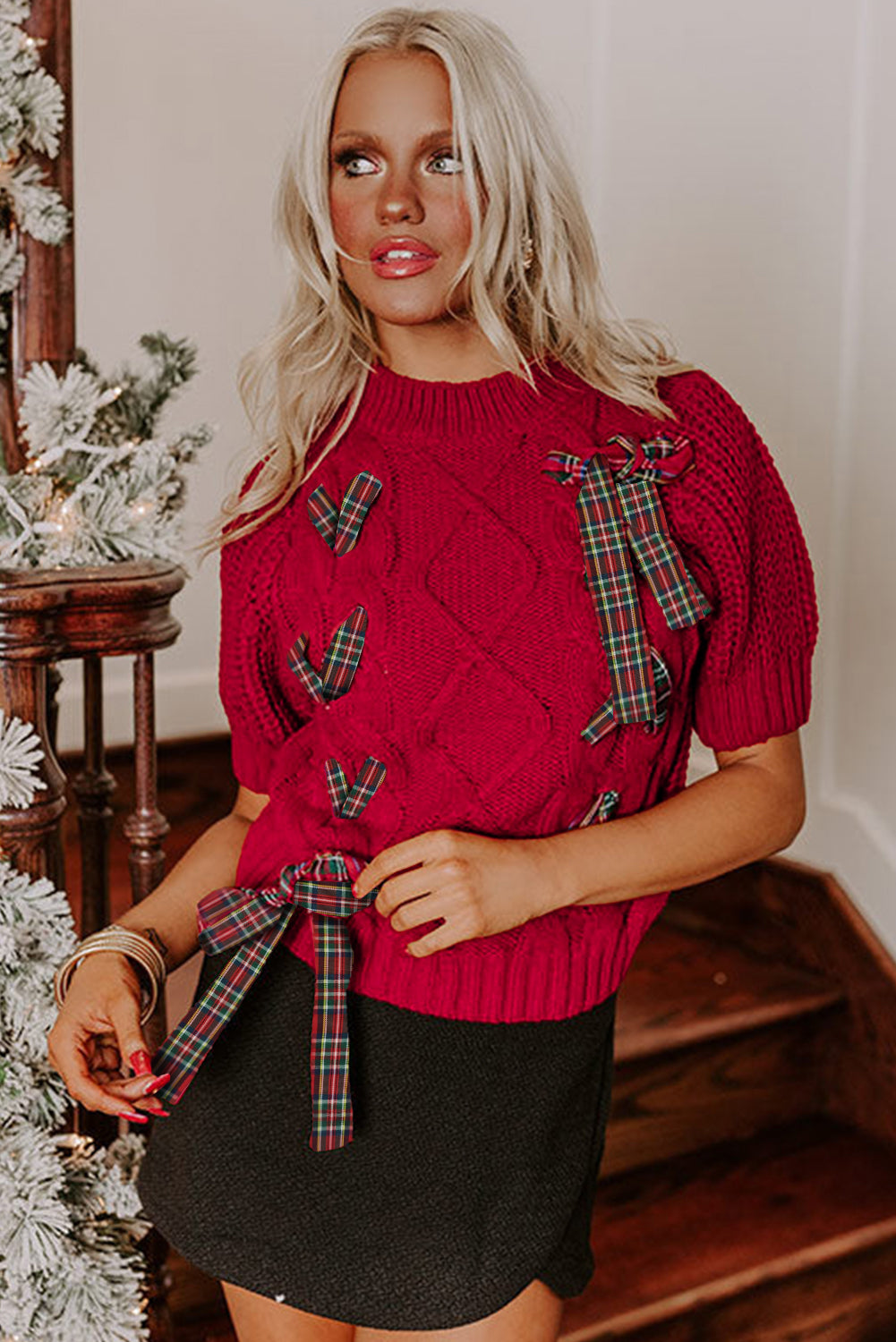 Plaid Lace-up Detail Christmas Holiday Puff Short Sleeve Sweater