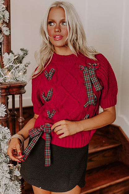Plaid Lace-up Detail Christmas Holiday Puff Short Sleeve Sweater