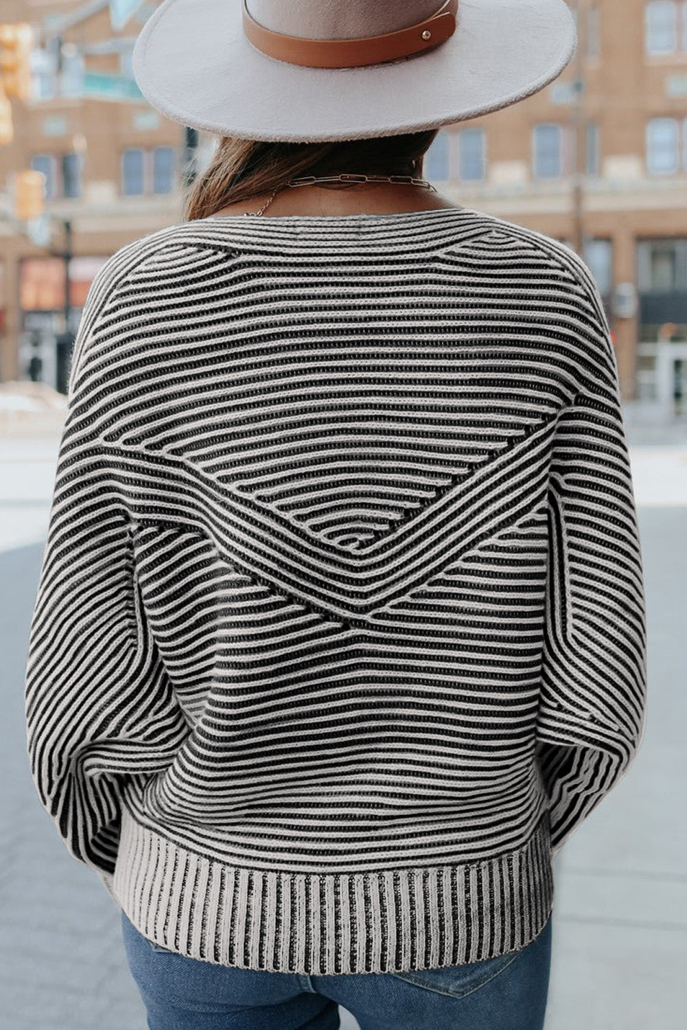 Striped Print Ribbed Knit Raglan Sleeve Baggy Sweater