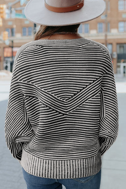 Striped Print Ribbed Knit Raglan Sleeve Baggy Sweater