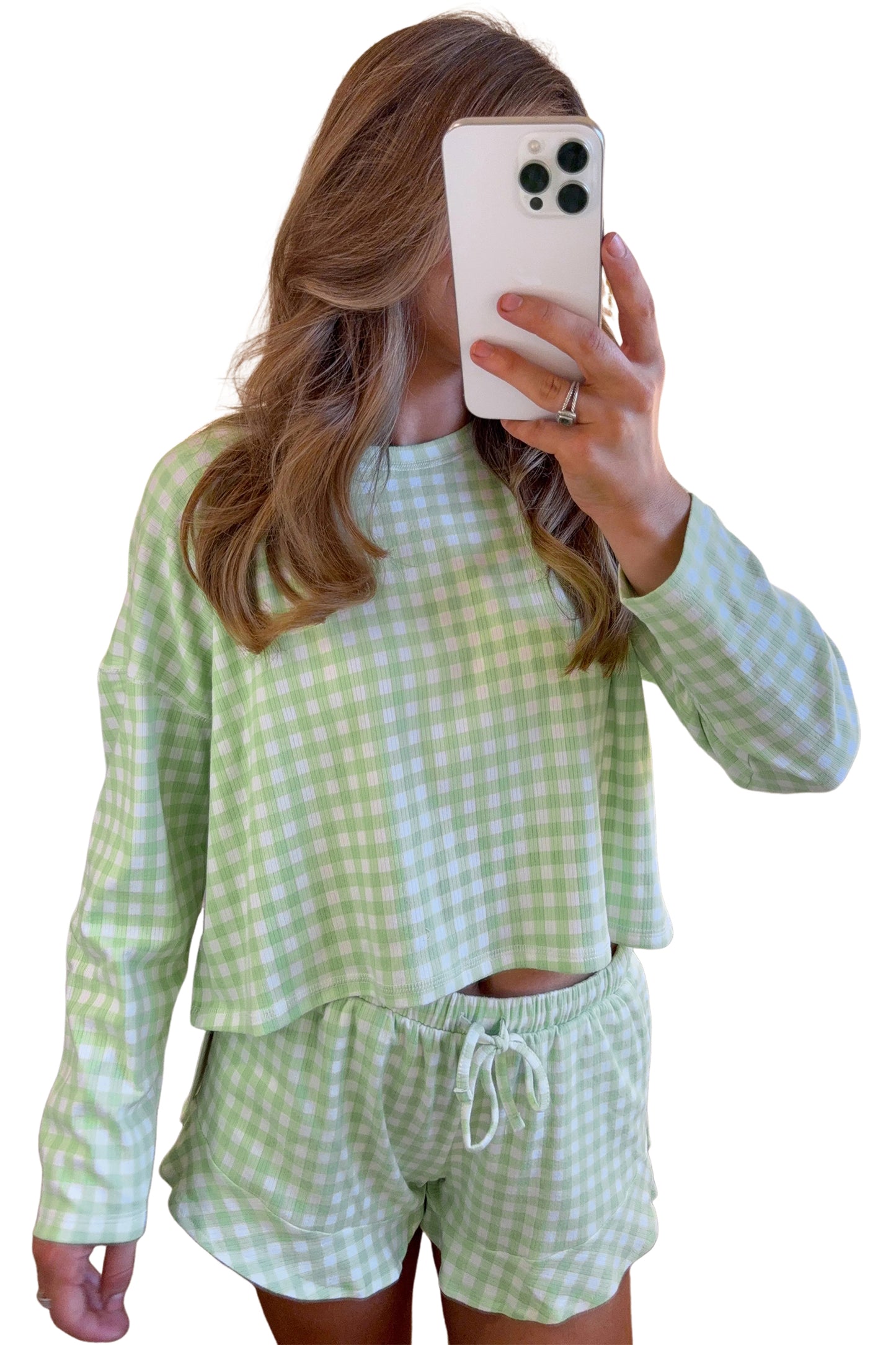 Gingham Long Sleeve Loose Top Drawstring Shorts 2pcs Lounge Set