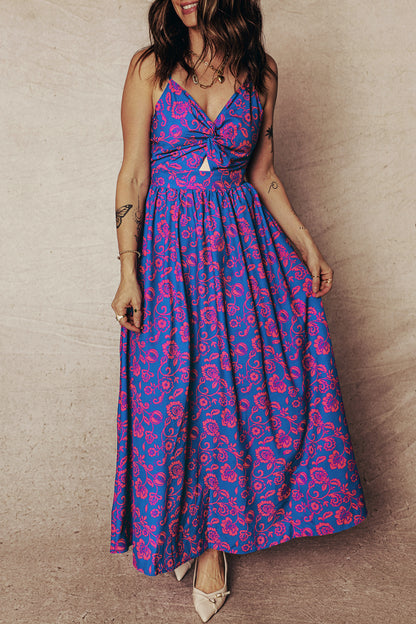 Floral Print Twisted V Neck Tied Backless Maxi Dress