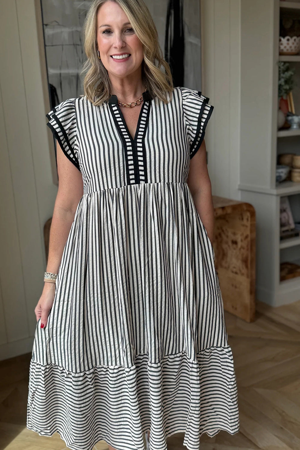 Stripe Double Ruffled Short Sleeve Contrast Trim V Neck Midi Dress