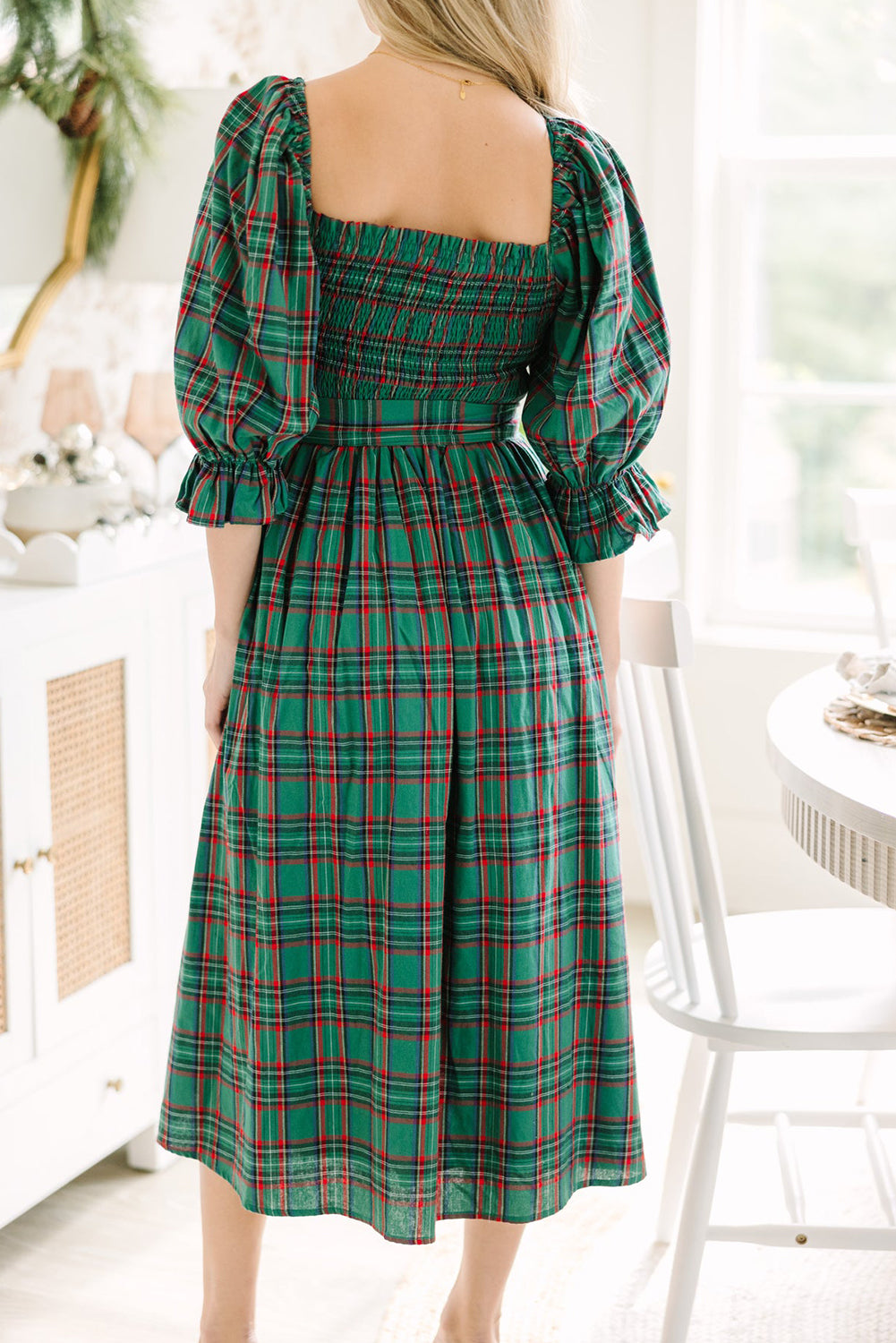Plaid Square Neck Puff Sleeve Bowknot Waist Flared Midi Dress