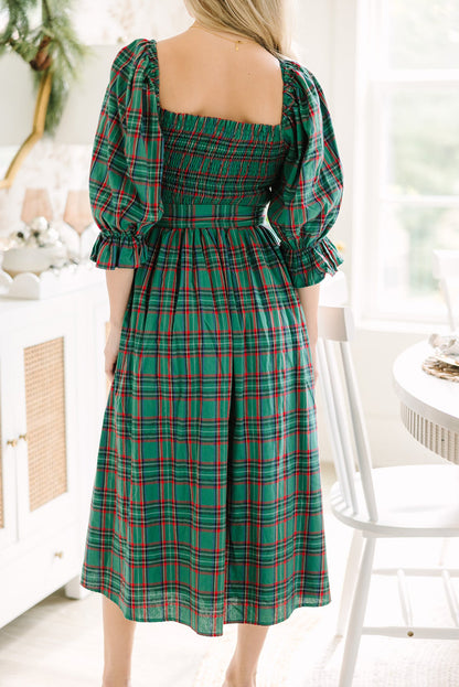 Plaid Square Neck Puff Sleeve Bowknot Waist Flared Midi Dress