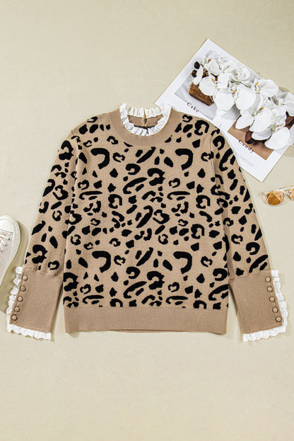 Brown Leopard Knitted Lace Trim Cuffed Plus Size Sweater