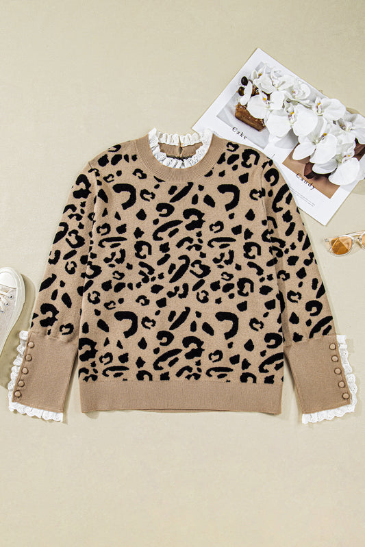 Brown Leopard Knitted Lace Trim Cuffed Plus Size Sweater
