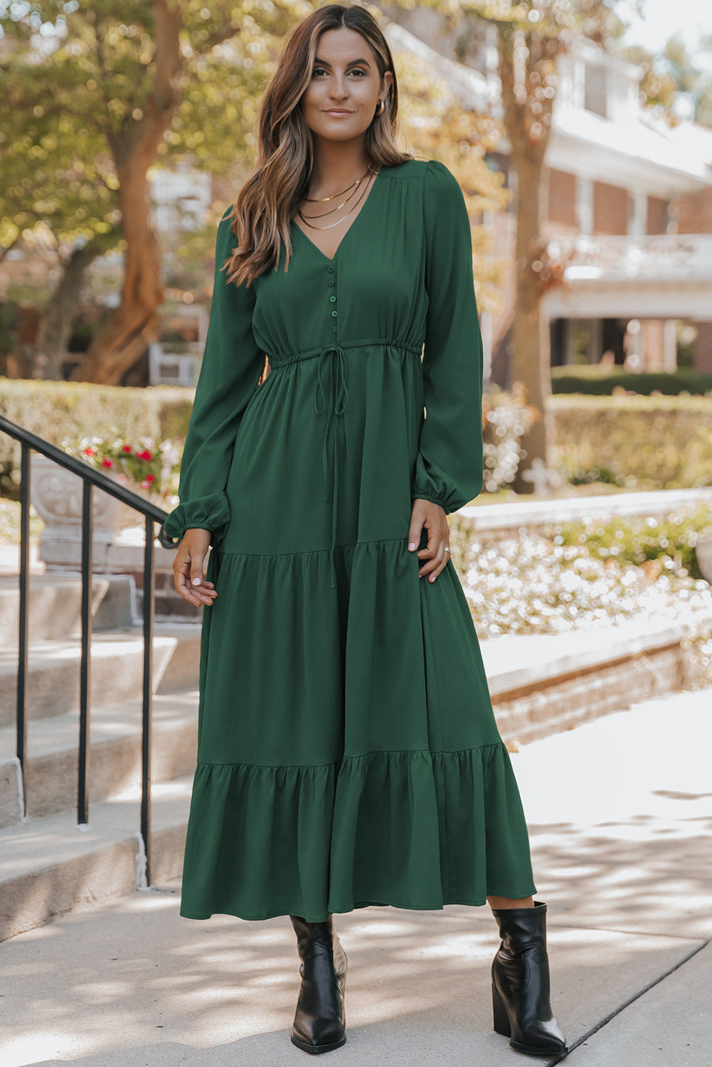 Solid Long Sleeve Button V Neck Tiered Maxi Dress