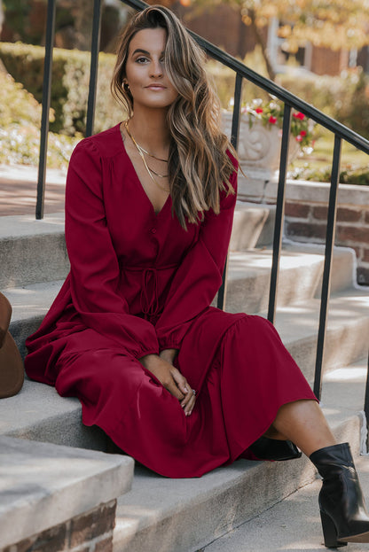 Solid Long Sleeve Button V Neck Tiered Maxi Dress