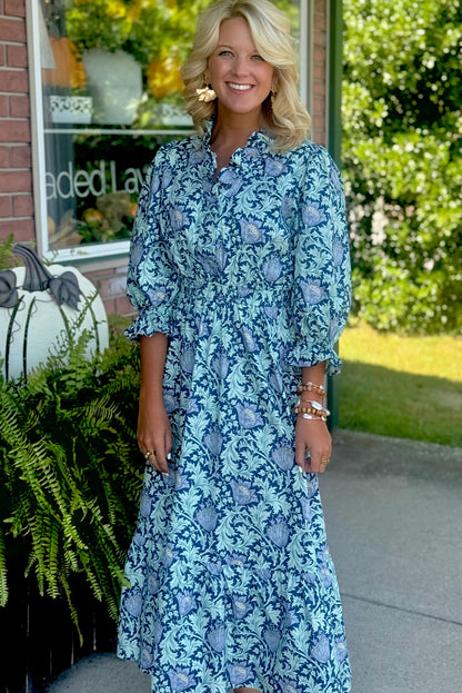 Floral Printed Frilled V Neck Bracelet Sleeve Long Dress