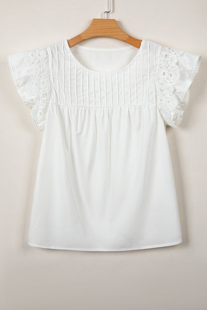 Bonbon Lace Detail Flutter Sleeve Pleated Round Neck Blouse