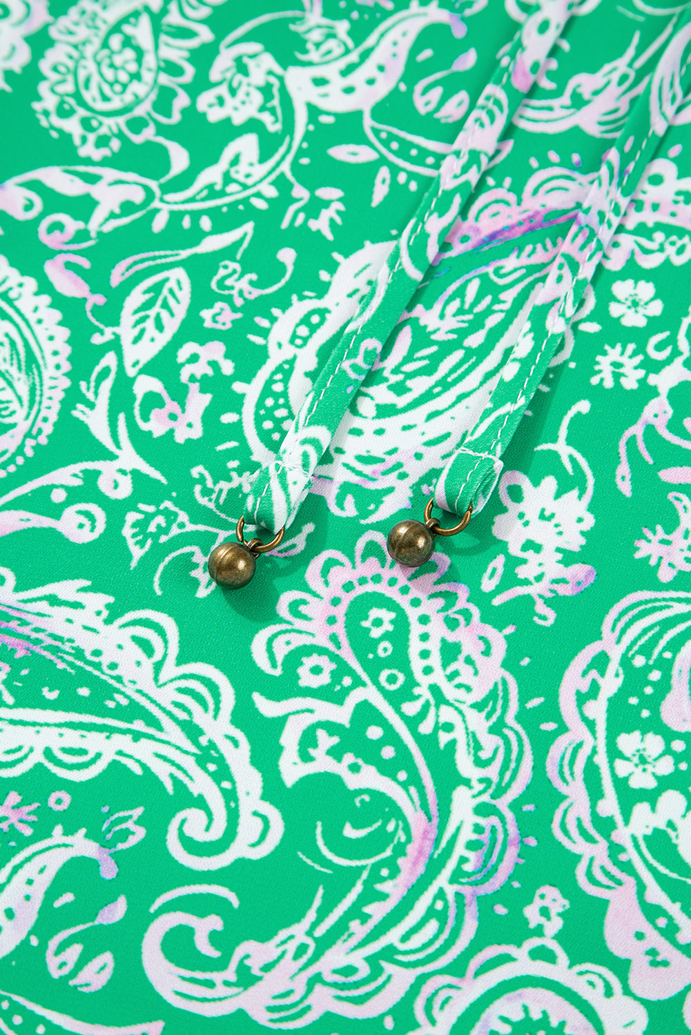 Green Paisley Print Long Sleeve Button Front Tied Waist Mini Dress
