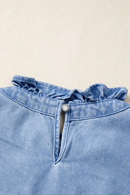 Frilled Collar Flutter Sleeve Denim Top