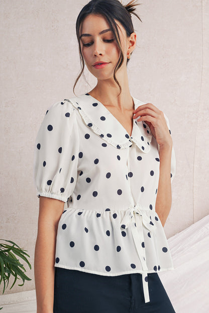 White Polka Dot Peter Pan Collar Bow Front Blouse