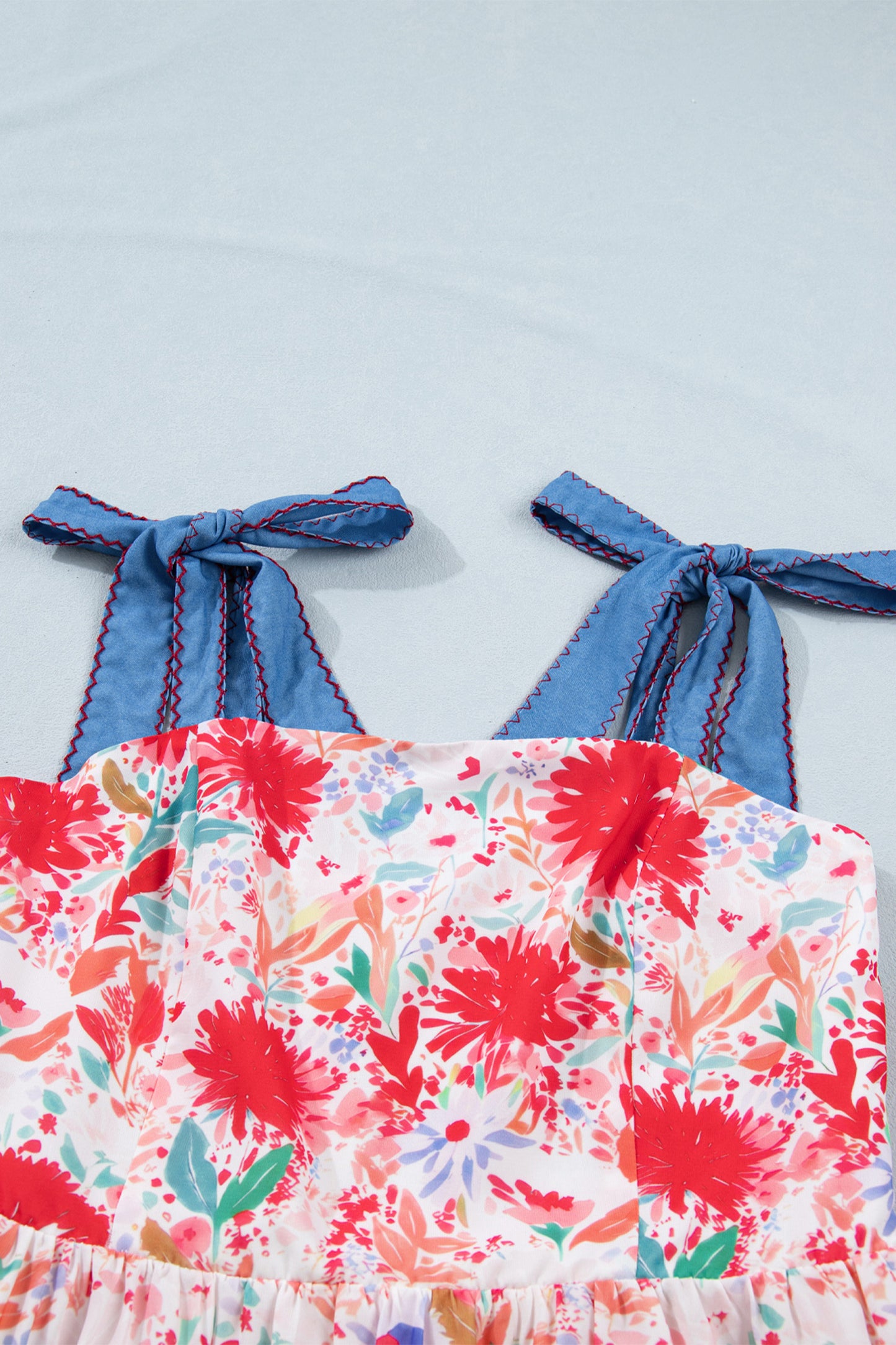 Floral Print Contrast Stitched Knot Denim Straps High Waist Dress