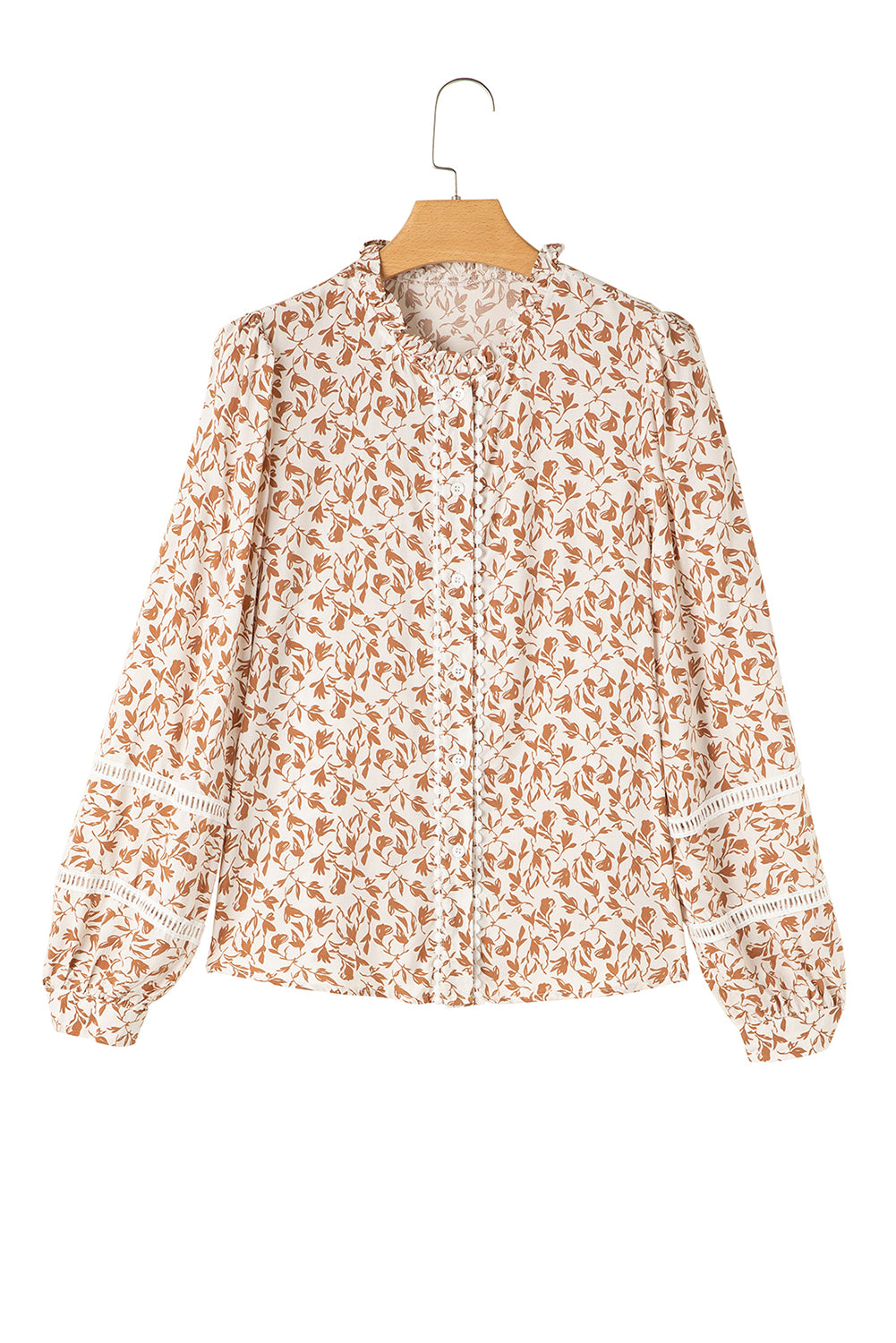 Khaki Printed Floral Print Lace Detail Puff Sleeve Shirt