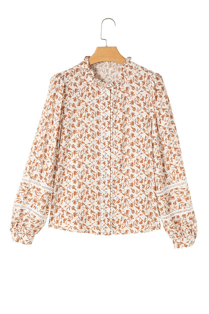 Khaki Printed Floral Print Lace Detail Puff Sleeve Shirt