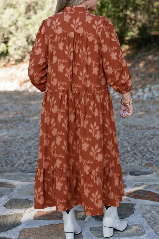 Plus Size Textured 3D Flower Pattern Ruffle Hem Midi Dress