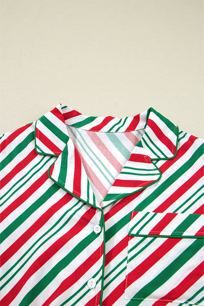 Green Striped Piping Trim Velvet Ribbon Knot Christmas Pajama Set