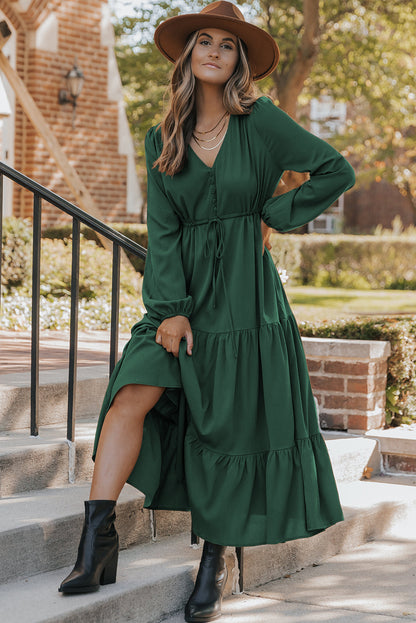 Solid Long Sleeve Button V Neck Tiered Maxi Dress