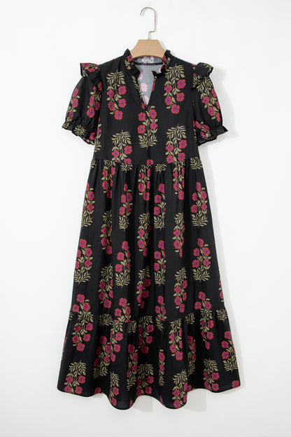 Floral Short Bubble Sleeve Tiered Maxi Dress
