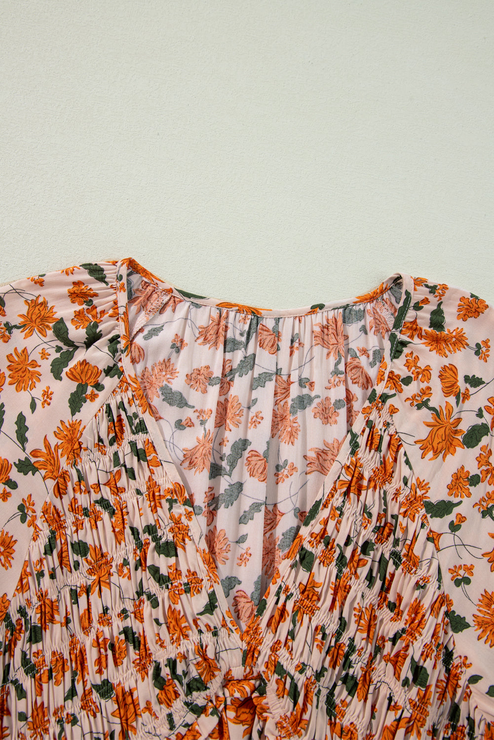 Floral Smocked V Neck Bubble Sleeve Babydoll Dress