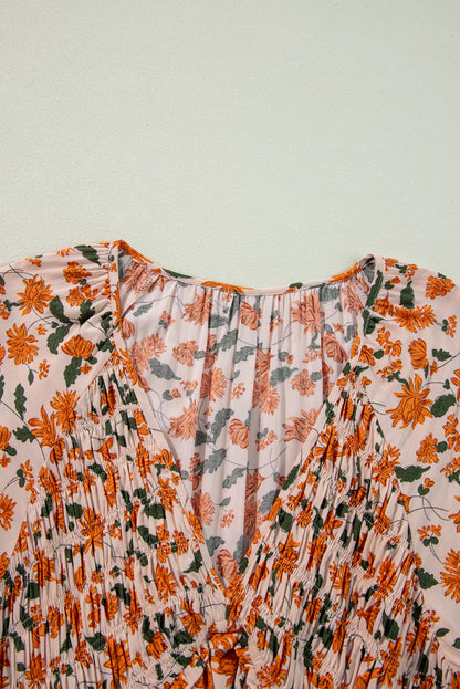 Floral Smocked V Neck Bubble Sleeve Babydoll Dress