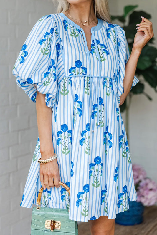 Sky Blue Floral Striped Print Tie Notched Neck Puff Sleeve Flared Mini Dress
