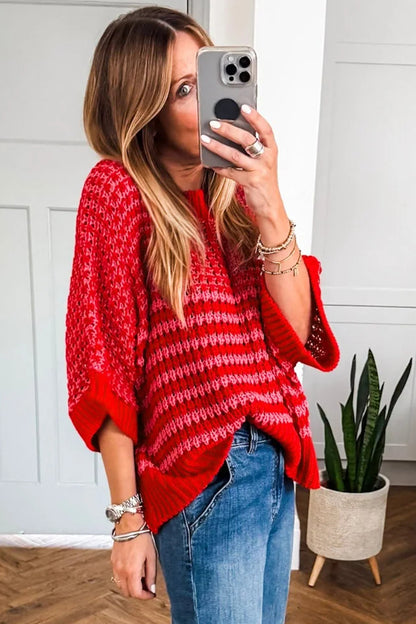 Stripe 3/4 Draped Sleeve Slouchy Sweater