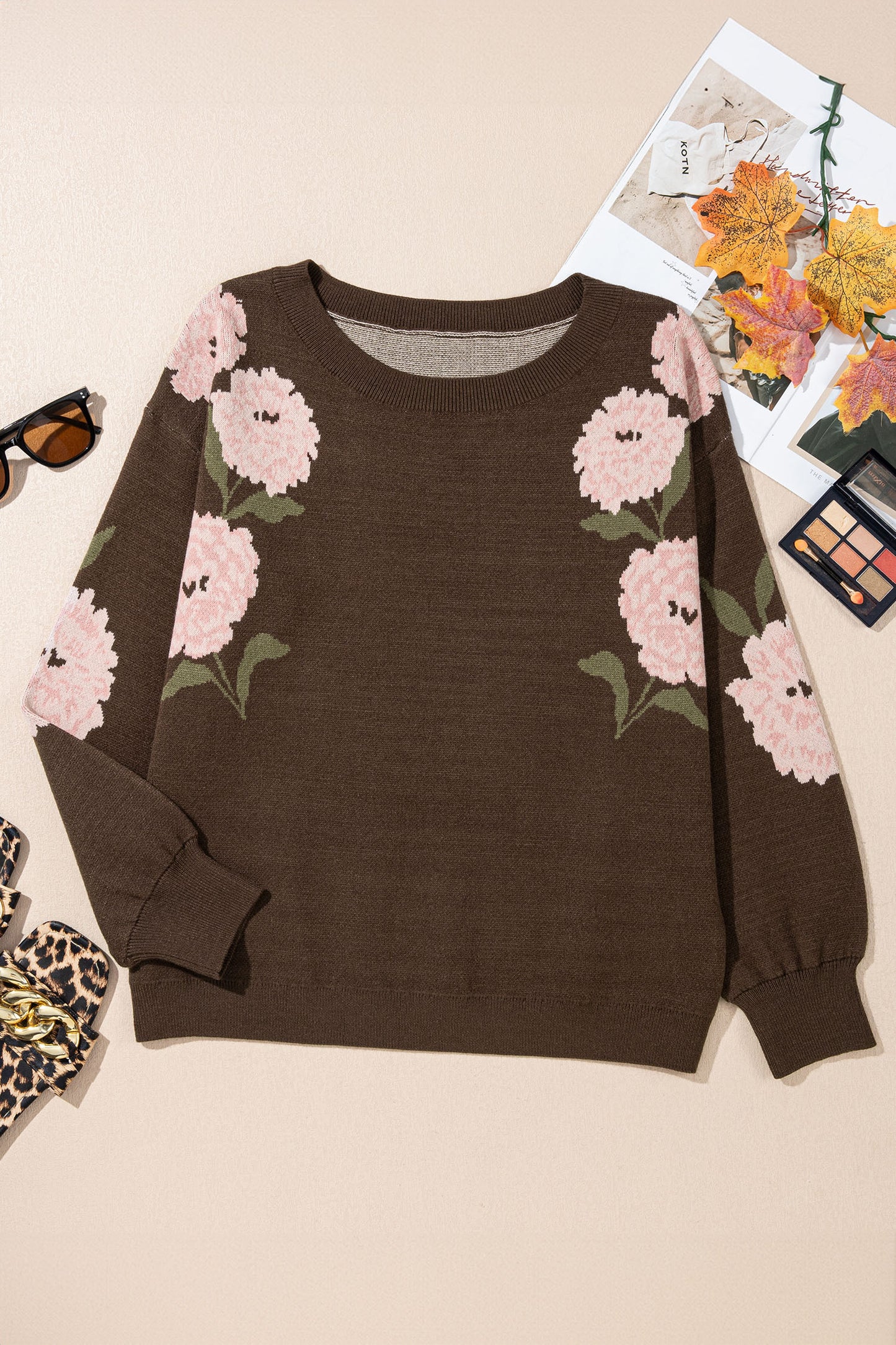 Dark Brown Floral Print Drop Shoulder Relaxed Pullover Sweater