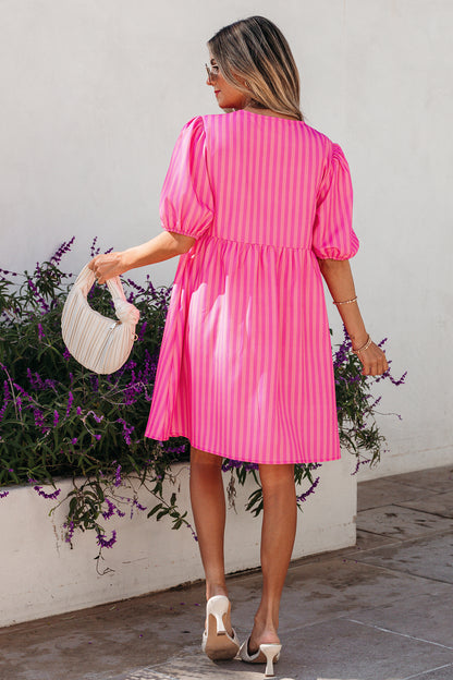 Striped Print Bow Detail Short Puff Sleeve Mini Dress