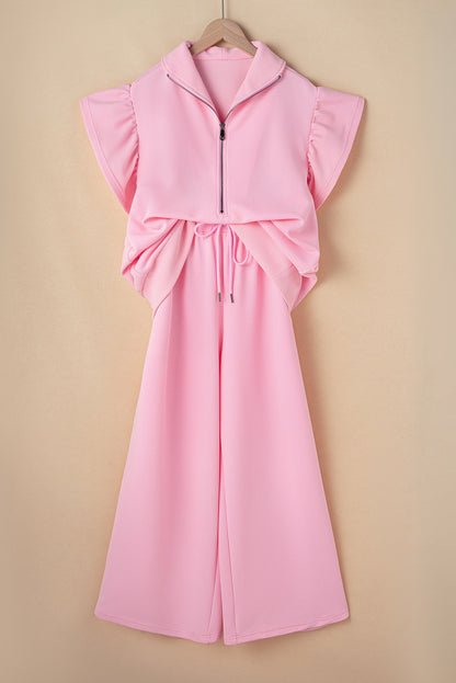 Textured Ruffle Sleeve Zipped Top and Wide Leg Pants Set