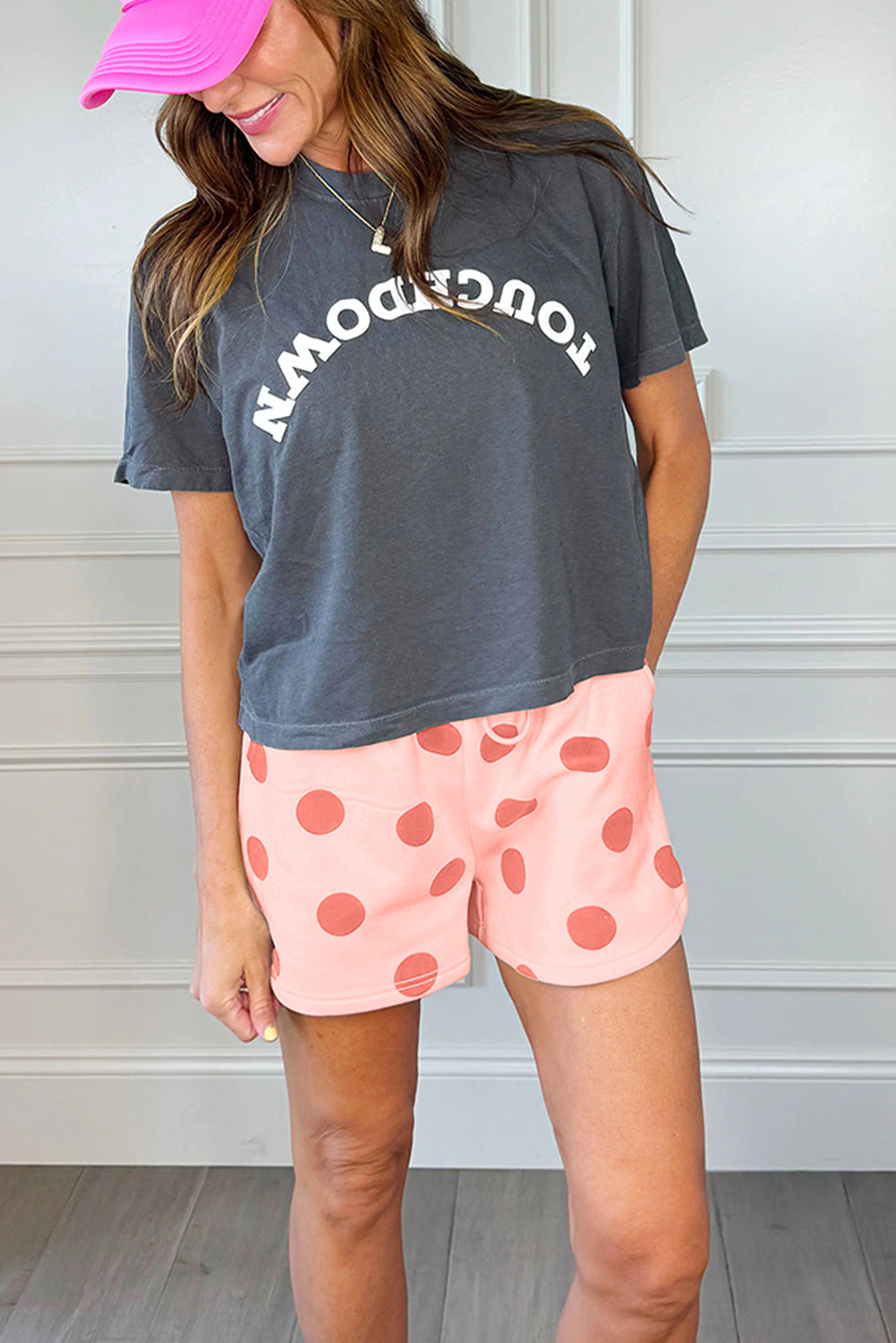 Polka Dot Print Drop Shoulder Pullover Drawstring Shorts Set