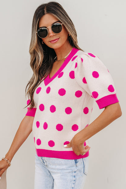 Polka Dot Puff Short Sleeve Sweater Top