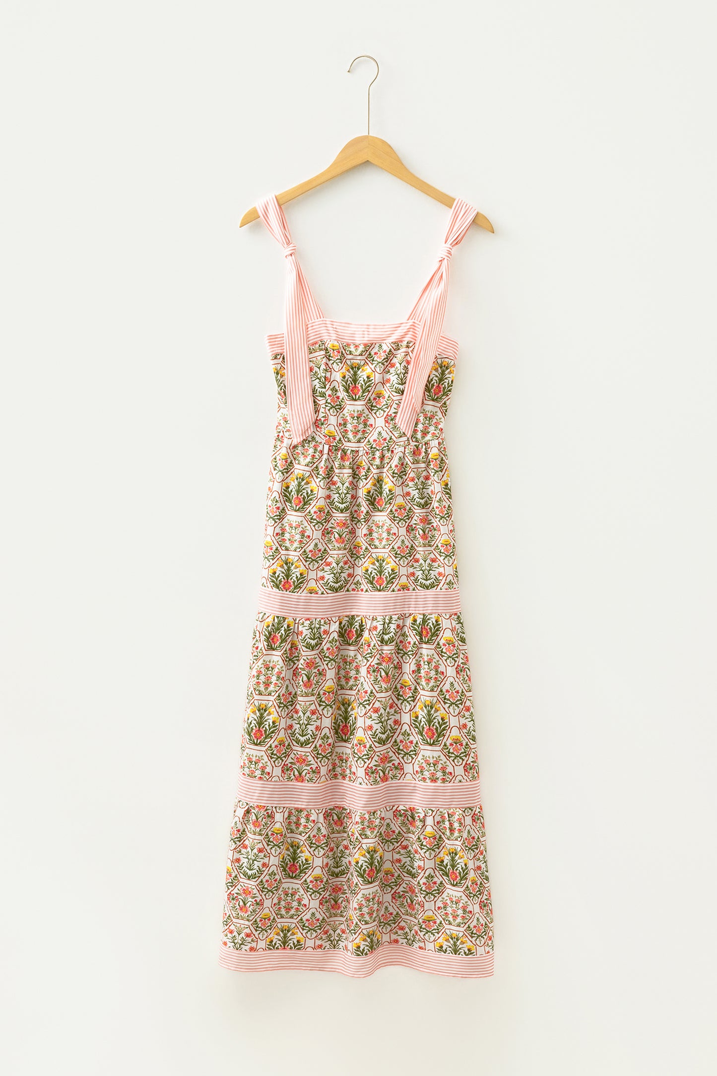 Geometric Floral Print Striped Patchwork Detail Sleeveless Dress