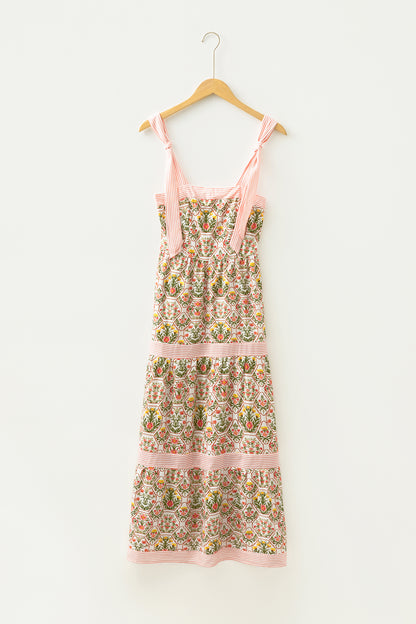 Geometric Floral Print Striped Patchwork Detail Sleeveless Dress