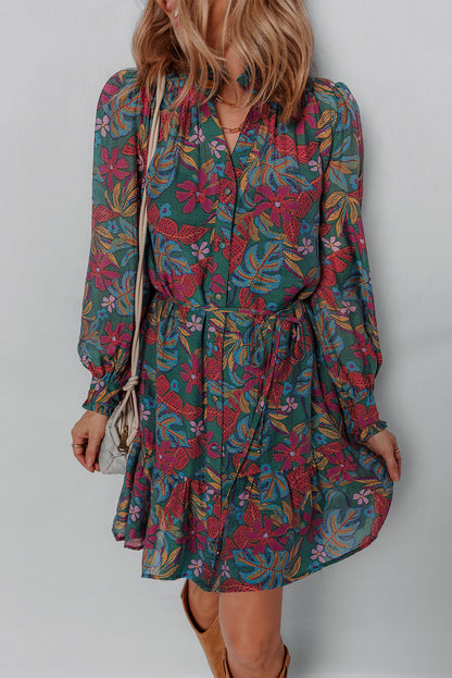 Green Floral Frill V Neck Puff Sleeve Ruffle Mini Dress
