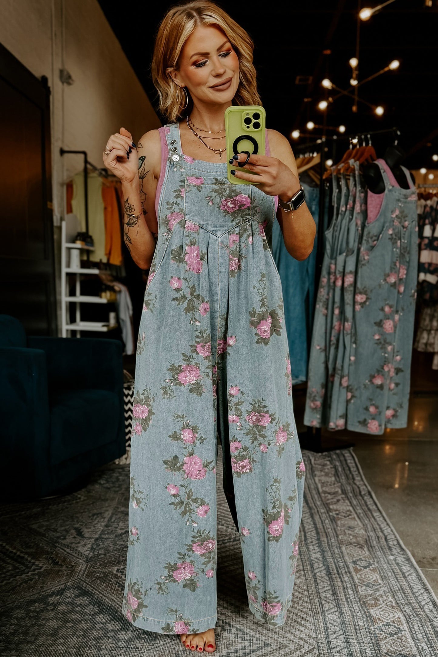 Floral Print Pleated High Waist Wide Leg Denim Jumpsuit
