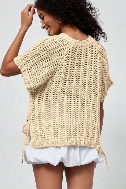 Open Knit Bow Tie Short Sleeve Sweater