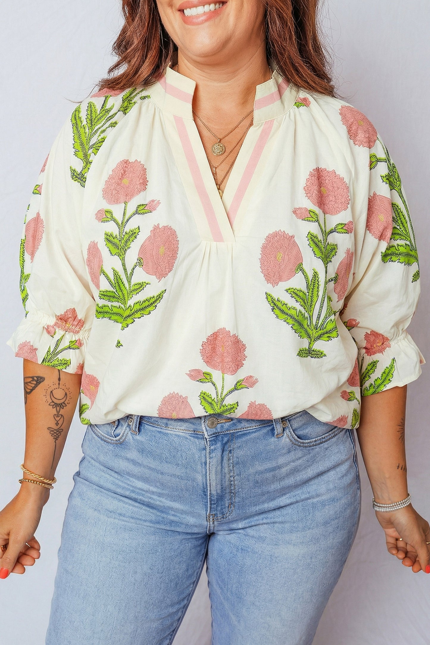 Floral Print Striped Trim V Neck Blouse