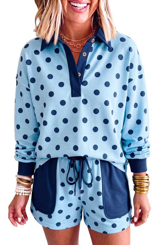 Polka Dot Drop Shoulder Polo Loose Pullover Patch Pocket Casual Shorts Set