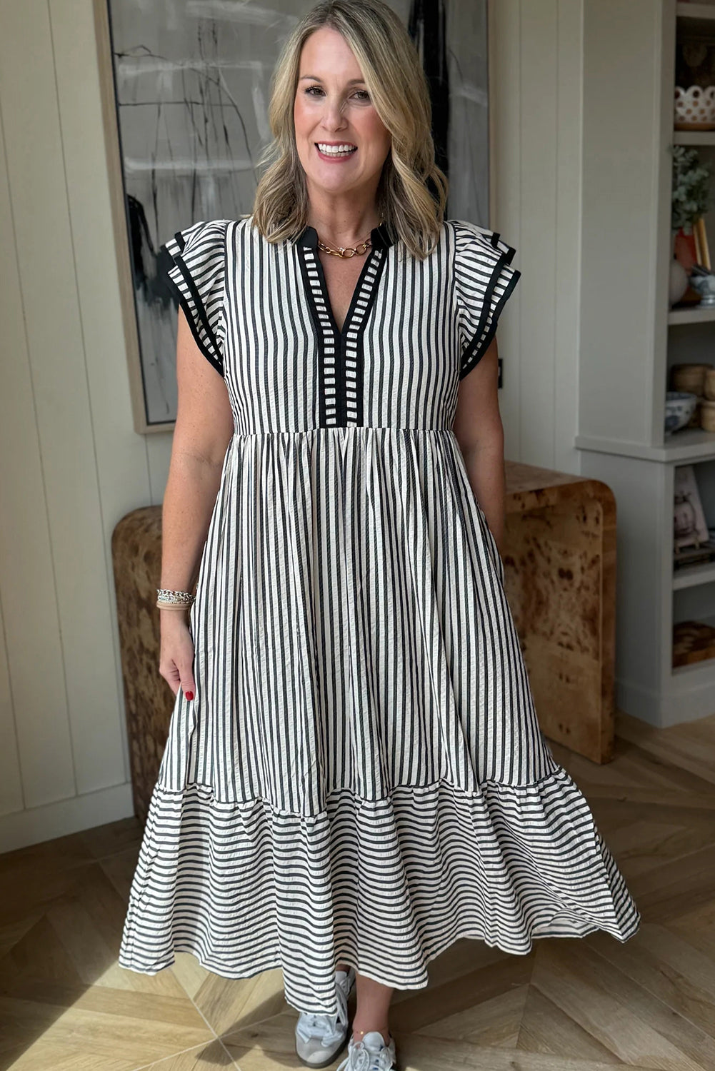 Stripe Double Ruffled Short Sleeve Contrast Trim V Neck Midi Dress