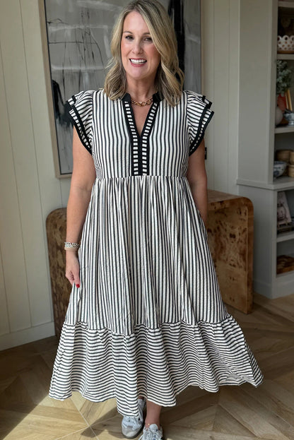 Stripe Double Ruffled Short Sleeve Contrast Trim V Neck Midi Dress