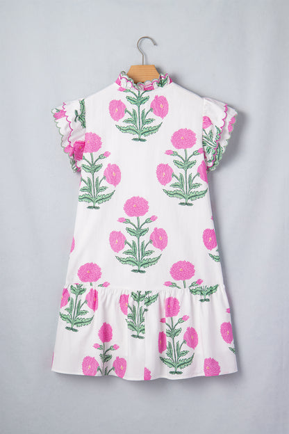 Wild Floral Print Scalloped Embroidery Trim V Neck Drop Waist Mini Dress