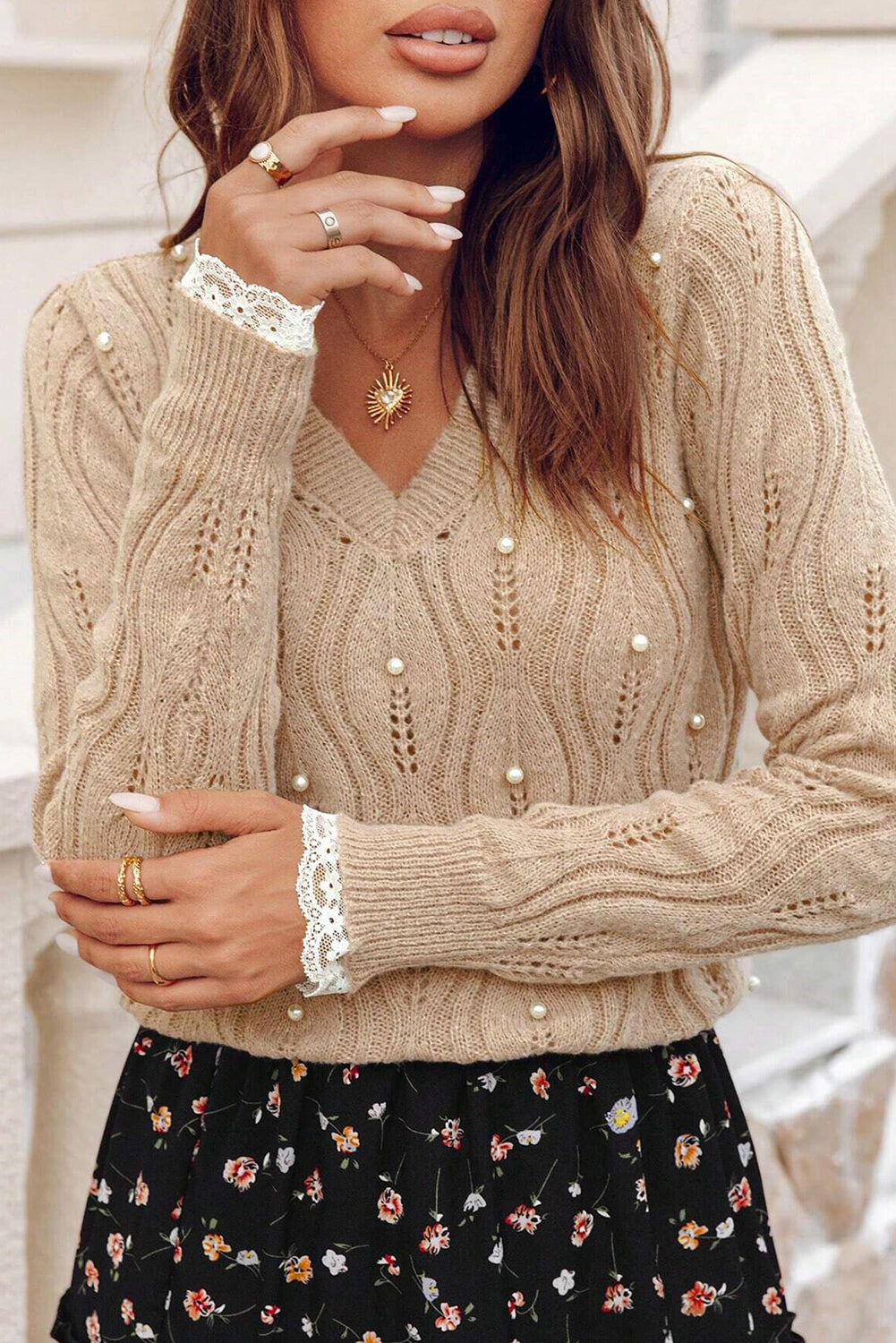 Beige Pearl Beaded Embellished Lace Applique Pointelle Knit Sweater