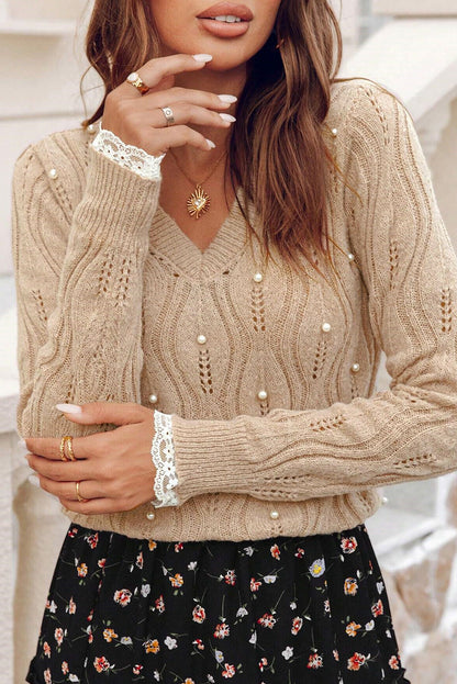 Beige Pearl Beaded Embellished Lace Applique Pointelle Knit Sweater