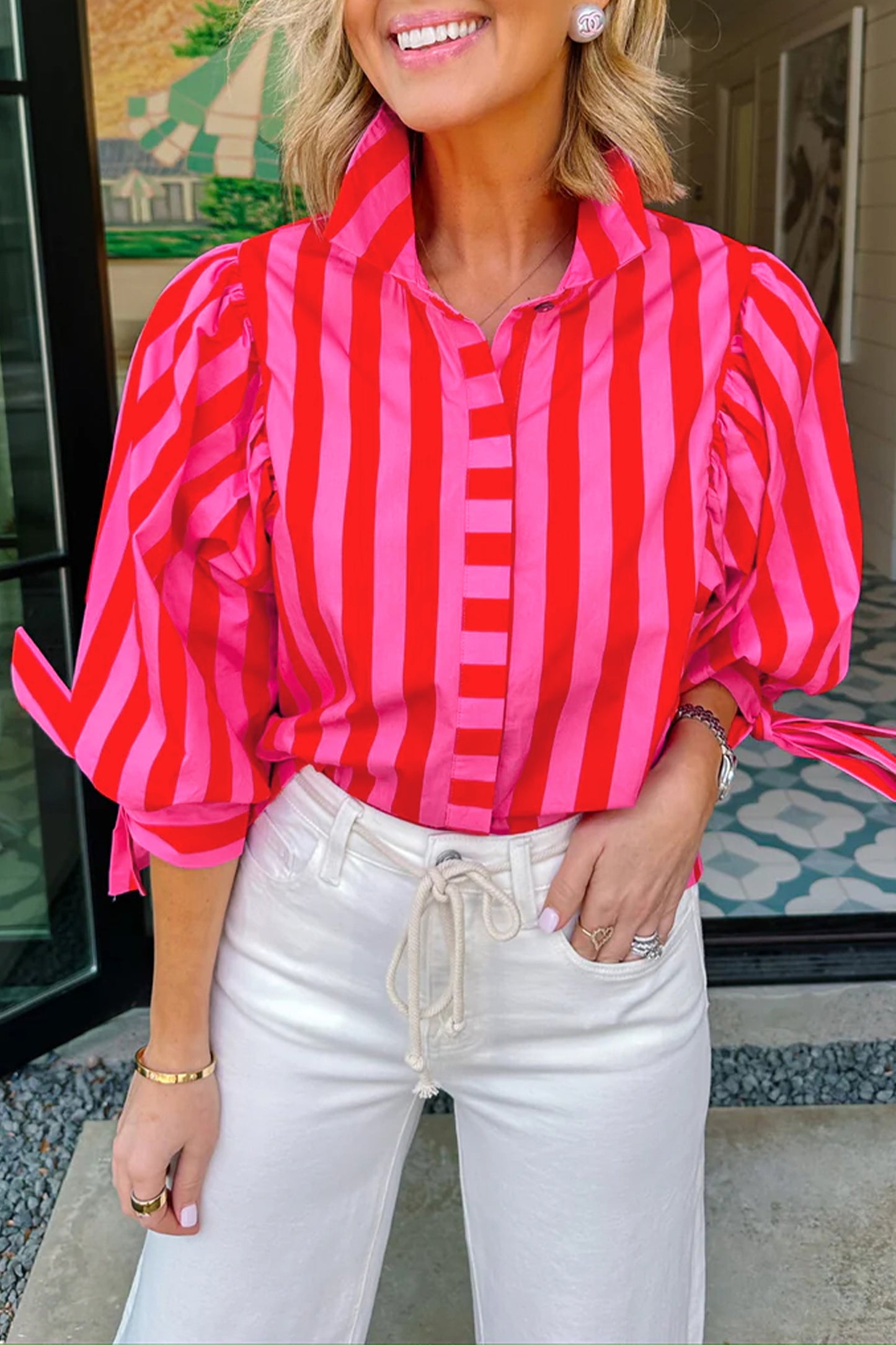 Stripe Tie Puff Sleeve Womens Button Down Shirt